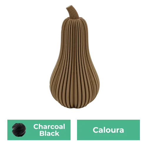 Bruine, geribbelde vaas met peervorm, met kleurenopties "Charcoal Black" en "Caloura" op een groene achtergrond.