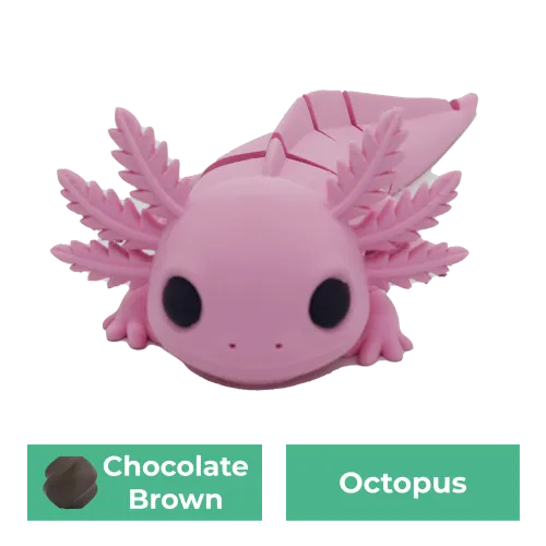 Roze axolotl-figuur met grote zwarte ogen. Onder twee knoppen: "Chocolate Brown" met bruine cirkel en "Octopus".