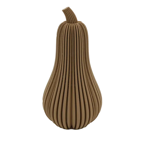 Bruin, ribbelig object in de vorm van een peer met een klein steeltje aan de bovenkant, tegen een witte achtergrond.