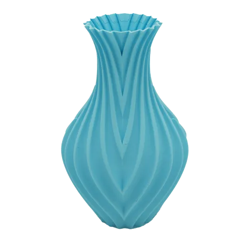 Blauwe vaas met een gegroefd design en geplooide bovenrand, gemaakt van kunststof materiaal.