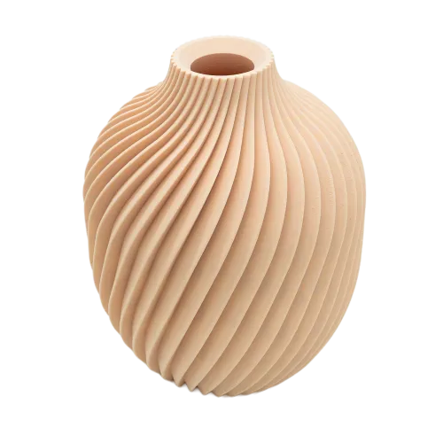Beige keramische vaas met een spiraalvormig ribbelpatroon over het gehele oppervlak.