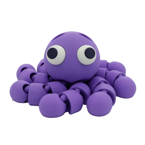 Paarse plastic octopus met grote ogen en beweegbare ledematen tegen een witte achtergrond.