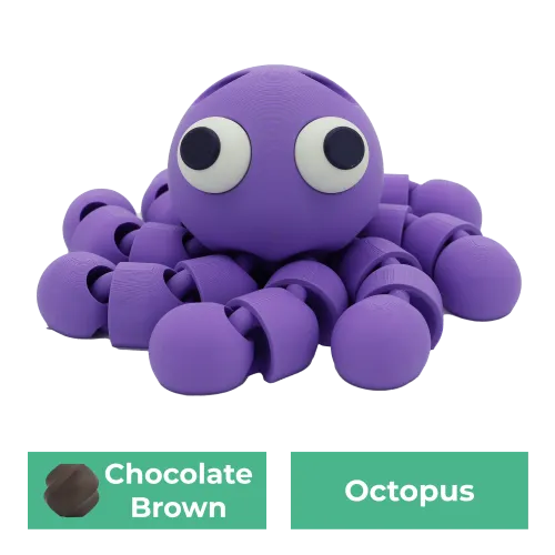 Paarse speelgoedinktvis met grote ogen, gemaakt van segmenten. De teksten "Chocolate Brown" en "Octopus" staan eronder.