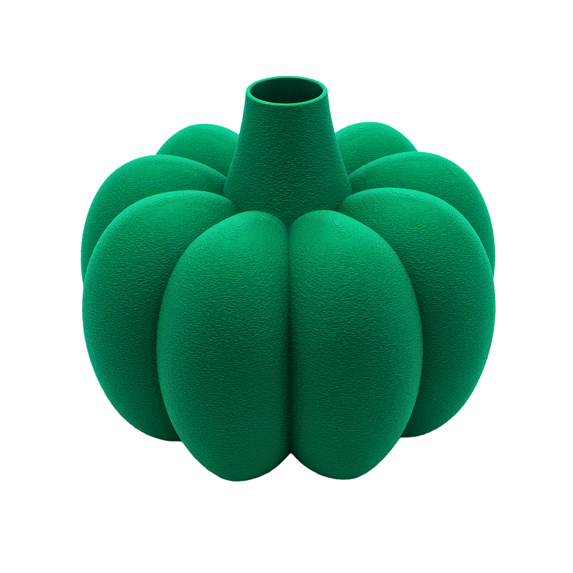 Groene, moderne vaas met golvende, bloemachtige vorm en een taps toelopende hals.