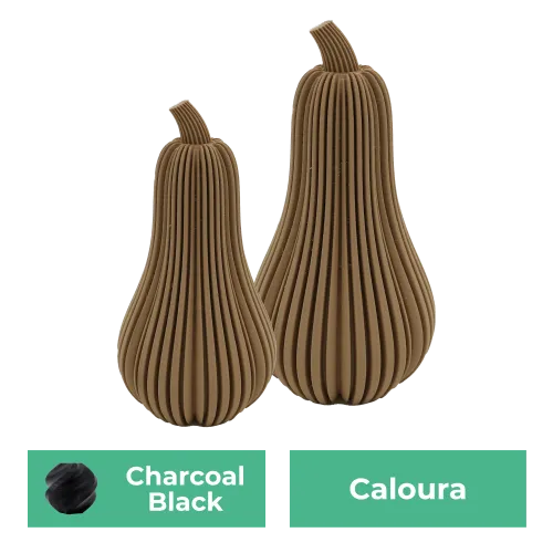 Twee geribbelde, bruine kalebasvormige objecten met onderaan tekst: "Charcoal Black" en "Caloura".