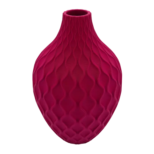 Roze vaas met een golvend, geometrisch patroon.