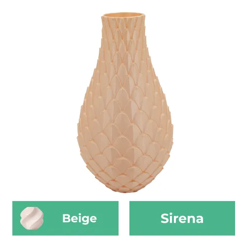 Beige vaas met een schubachtig reliëfpatroon, gelabeld als "Sirena".